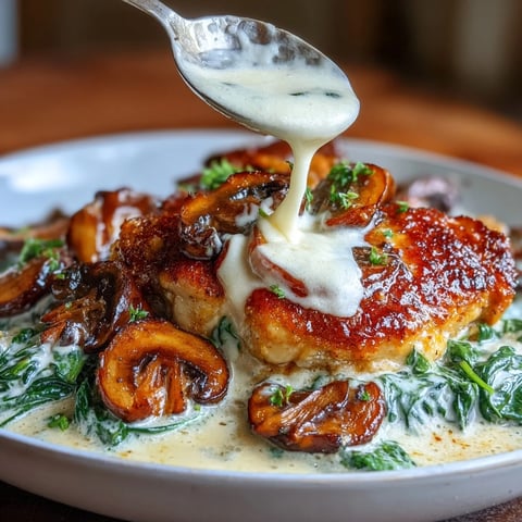 Keto Creamy Spinach Mushroom Chicken Skillet with tender chicken in a rich, cheesy sauce.