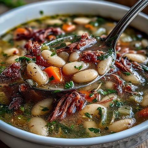 A steaming bowl of White Bean and Ham Hock Soup, garnished with fresh parsley and served with crusty bread for a cozy meal.