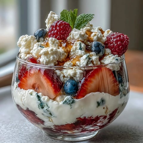 Cottage cheese berry parfait with granola in a glass, layered with fresh strawberries, blueberries, and crunchy granola for a protein-packed breakfast.