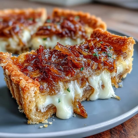 Golden caramelized onion and Gruyere tart with flaky pastry, perfect for elegant brunch or light lunch gatherings.