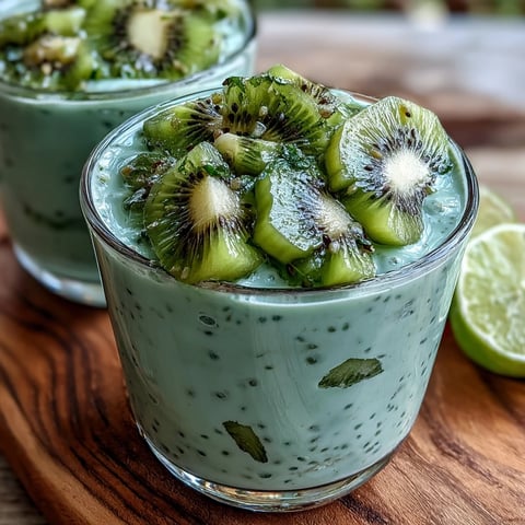 Vibrant kiwi and lime chia pudding cups with creamy coconut milk and fresh fruit layers for a healthy vegan breakfast.
