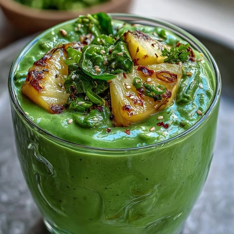 A vibrant green shamrock smoothie with fresh pineapple and spinach, blended to creamy perfection for a healthy breakfast or snack.  