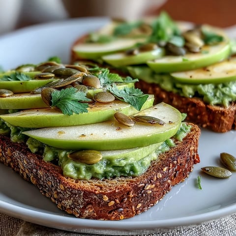 A vibrant breakfast toast topped with creamy avocado, crisp green apple slices, and crunchy pumpkin seeds.  