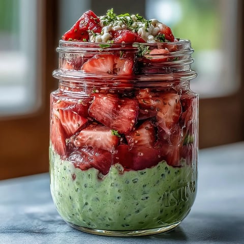 Strawberry Matcha Latte Overnight Oats in mason jars, layered with creamy oats, vibrant matcha, and fresh strawberries.  