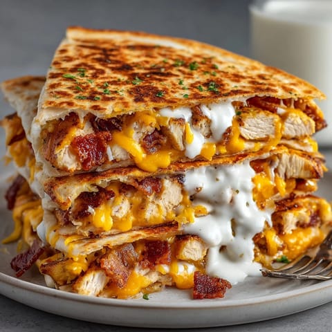 Mouthwatering Chicken Bacon Ranch Quesadillas, oozing with cheese, a perfect game-day appetizer.