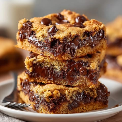 Warm, chewy Chocolate Chip Cookie Blondie Bars cooling on a rack after baking.
