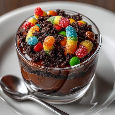Creamy Midnight Chocolate Dirt Pudding in a glass, topped with crushed cookies and gummy worms.