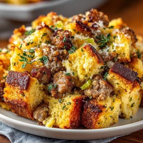 Close-up of warm, fragrant Cornbread Sausage Stuffing; a comforting holiday recipe favorite.