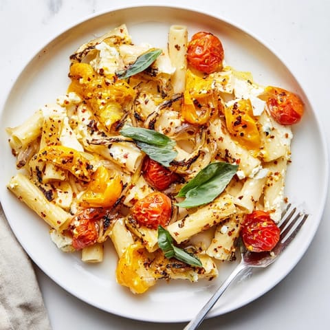 Creamy Baked Feta Pasta with bursting cherry tomatoes, ready as a delightful vegetarian dinner.