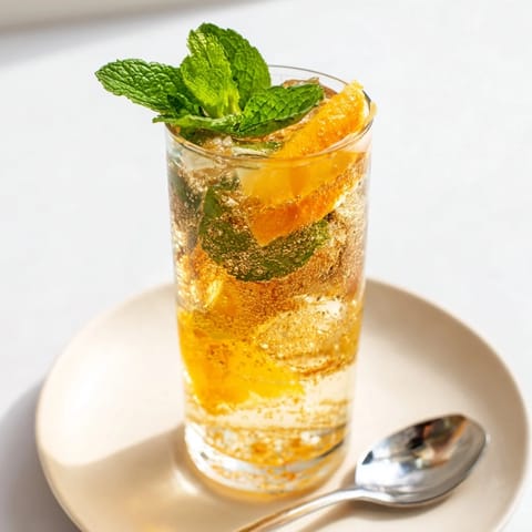 Lightly sparkling probiotic soda mocktail brightened with fresh citrus and mint leaves.  