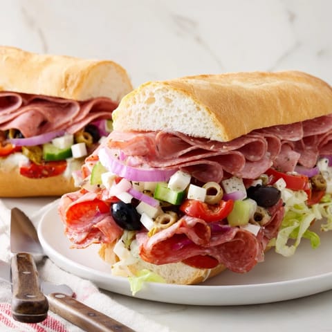 Delicious Flavor Mash-Up Sandwich bursting with Italian meats and zesty toppings.  