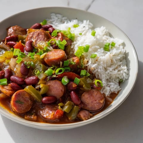 Classic Creole Red Beans & Rice served steaming hot with fresh green onions and parsley.  