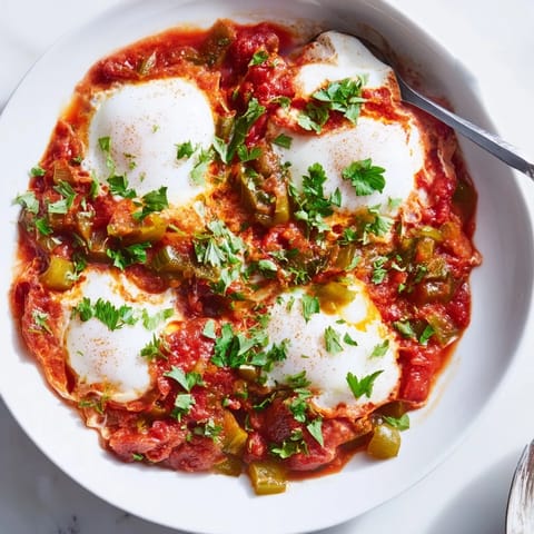 A sizzling skillet of Shakshuka, topped with perfectly poached eggs and fresh herbs served warm.