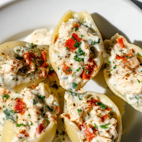 Jumbo shells filled with turkey and spinach, covered in cottage cheese Alfredo, a delicious Christmas recipe.