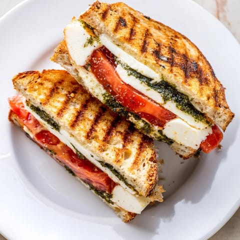 Imagine the melty cheese of this Caprese Pesto Panini-Style Grilled Cheese, served alongside a crisp tomato salad.