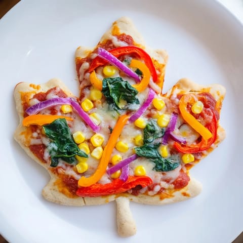 Freshly baked and vibrant Fall Foliage Maple Leaf Mini Pizzas, ready to serve for the perfect autumn appetizer.