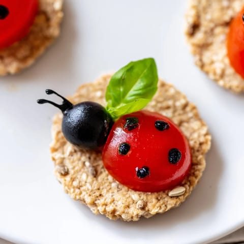 Cream cheese base supports the colorful Ladybug Love Picnic Finger Foods, garnished with basil and balsamic glaze.