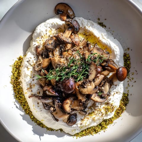 A vibrant cottagecore mushroom and moss savory platter, featuring fresh herbs and rustic breadcrumbs.