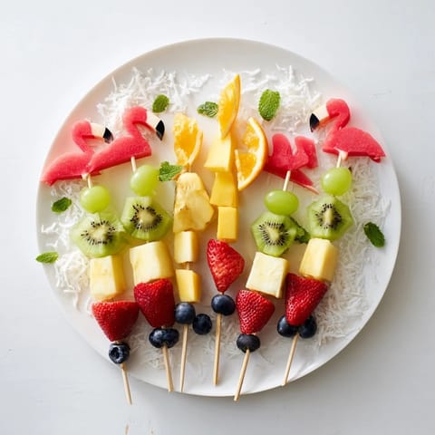 A refreshing close-up of the bright and beautiful Flamingo Fruit Skewer Platter, perfect for sharing.