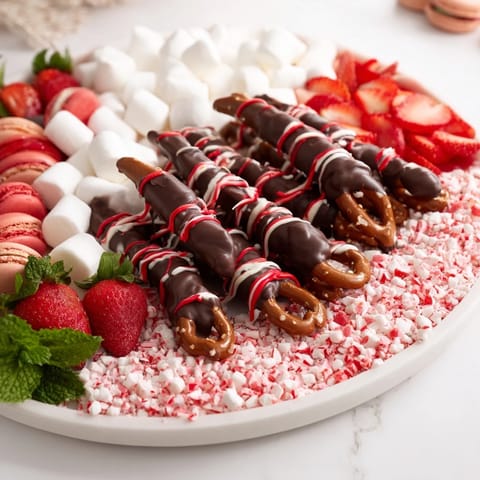 Festive Candy Cane Dessert Platter features an assortment of holiday desserts ready to enjoy.
