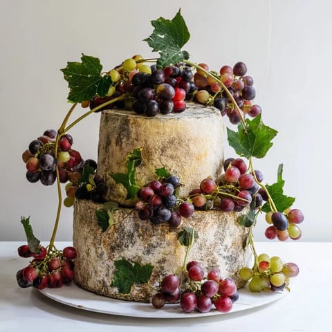 A close-up of The Rustic Vineyard, showcasing young cheese wheels draped with fresh grapevines for serving.