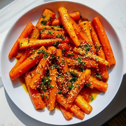 Close-up of vibrant, glistening Maple Mustard Roasted Carrots showcasing the perfect roasted texture.