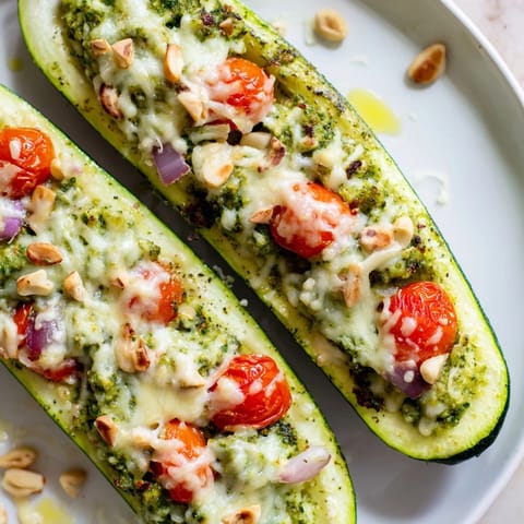 Imagine the vibrant, colorful filling of these cheesy pesto zucchini boats with melted mozzarella and parmesan.