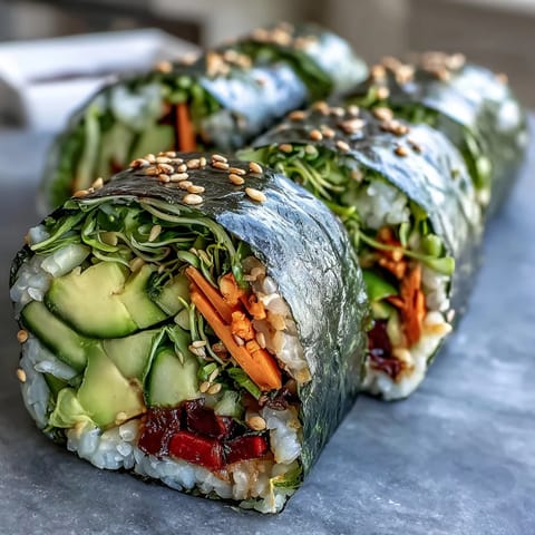 Freshly made Nori Rolls with Vegetables ready to be dipped in soy sauce.