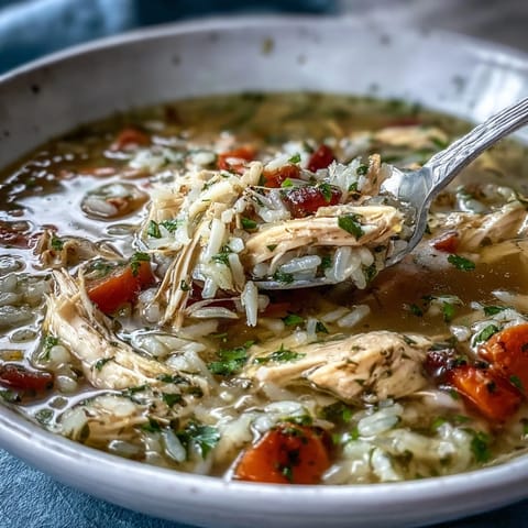 Steaming bowl of Cozy Winter Chicken and Rice Soup featuring shredded chicken, carrots, celery, and fresh herbs.