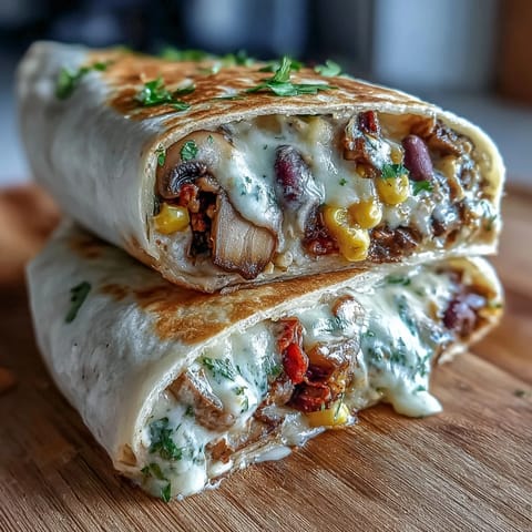 Golden-brown Veggie Burritos filled with sautéed mushrooms, beans, and corn, ready to slice on a rustic wooden board.