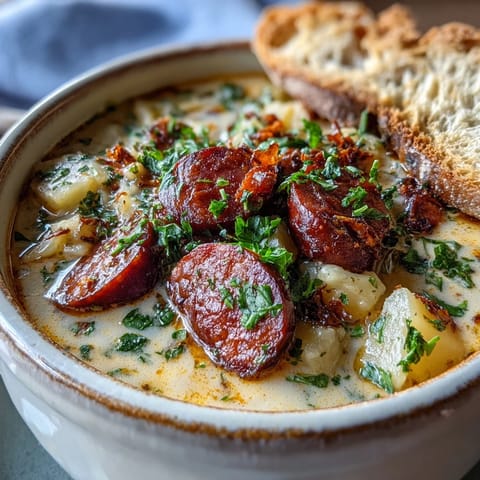 Creamy Potato, Leek and Chorizo Soup in a rustic bowl, topped with fresh parsley and reserved smoky chorizo.