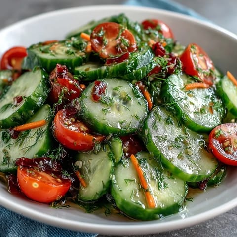 A close-up of Refreshing Crunchy Cucumber Salad with cherry tomatoes and sesame seeds, ready to chill and serve for lunch.