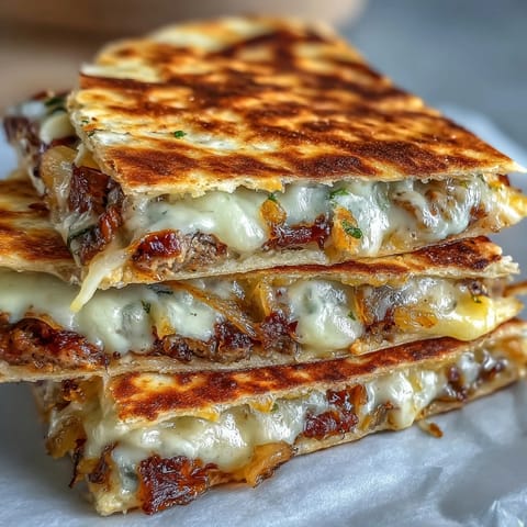 Sizzling griddled Cheesy Griddled Smashburger Quesadillas topped with sweet onions and a drizzle of mayo-mustard sauce.