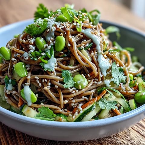 A close-up of Soba Noodle Bowl dressed in savory sesame sauce, garnished with fresh scallions and herbs for a light meal.