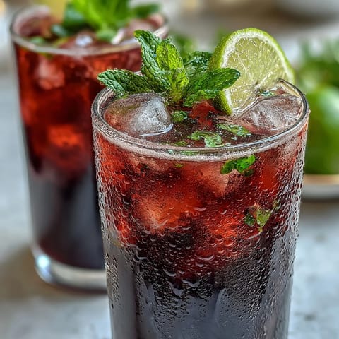 A sparkling Black Currant Mocktail garnished with fresh mint sprigs and lime wedges on a bright summer table.