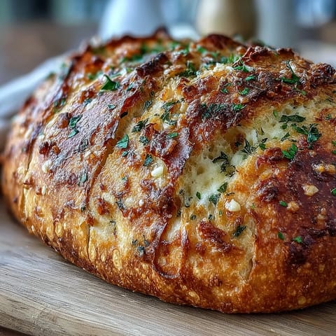 A rustic golden Perfect Parmesan Garlic Artisan Bread loaf with a melted cheese topping, sliced to reveal its airy, garlicky crumb.