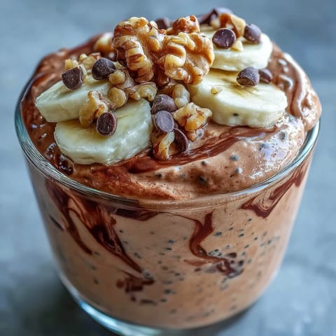 A jar of Chunky Monkey Protein Overnight Oats topped with chopped walnuts and mini chocolate chips for extra crunch.