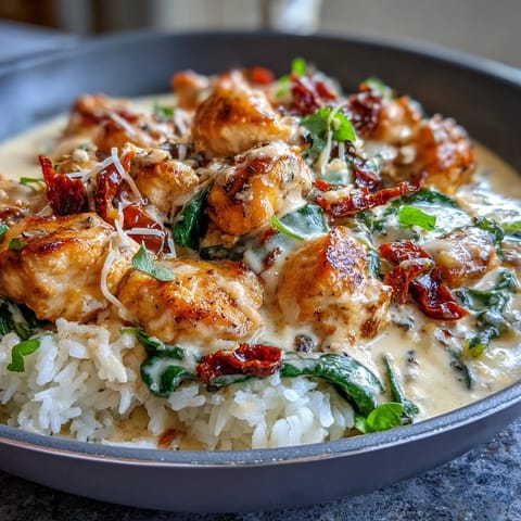 Creamy Tuscan Chicken Rice Skillet with tender chicken and wilted spinach in a garlic-Parmesan sauce.