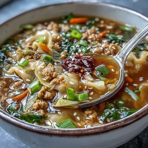 Savory Egg Roll Soup with Chicken & Cabbage, loaded with crisp veggies and a drizzle of chili crisp.