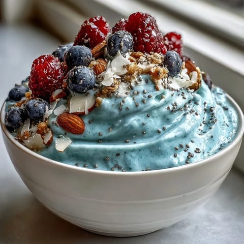 Creamy Greek yogurt and mixed berries blended for a thick Berry Greek Yogurt Smoothie Bowl, topped with chia seeds and sliced almonds.