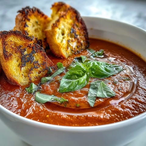 Vegan creamy tomato basil soup served with golden garlic sourdough dippers, perfect for a cozy meal.  