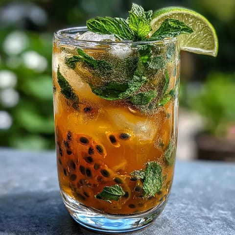 Refreshing passionfruit mojito with muddled mint and lime, perfect for summer sipping.  