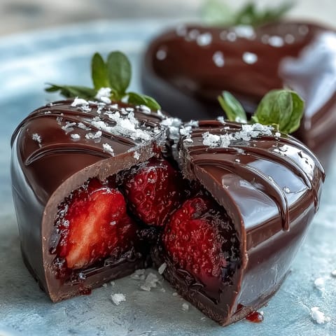 A romantic Valentine's Day dessert featuring a breakable chocolate heart filled with fresh strawberries, perfect for sharing and gifting.