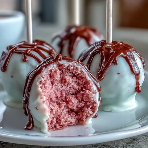 Adorable pink velvet cake pops filled with cream cheese frosting, perfect for Galentines Day celebrations.