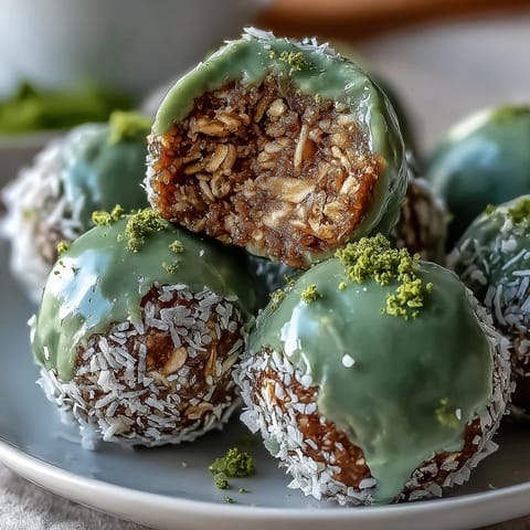 Wholesome no-bake matcha coconut energy balls with oats, perfect for a quick energy boost and a naturally green treat.  