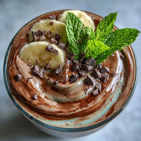 A thick, creamy mint chocolate protein shake with frozen banana and a refreshing minty aroma, topped with mini dark chocolate chips.