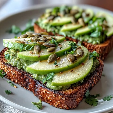 Avocado and green apple breakfast toast with pumpkin seeds, drizzled with lemon and olive oil for a fresh start.  