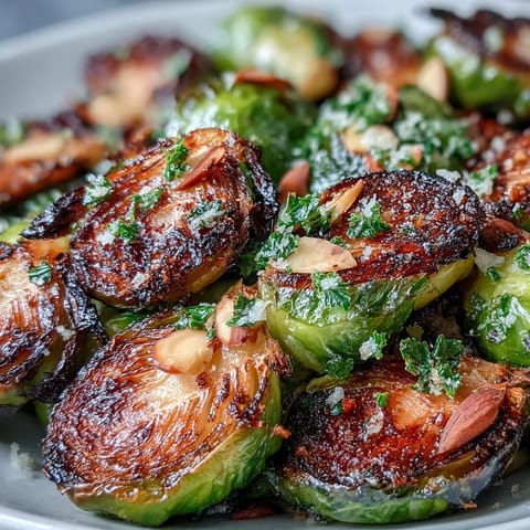 Roasted Brussels sprouts with lemon and herbs, topped with crunchy toasted almonds for a vibrant side dish.  