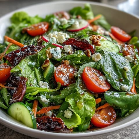 A colorful bowl of spring greens, cherry tomatoes, cucumber, and carrots, drizzled with tangy-sweet honey mustard dressing.  