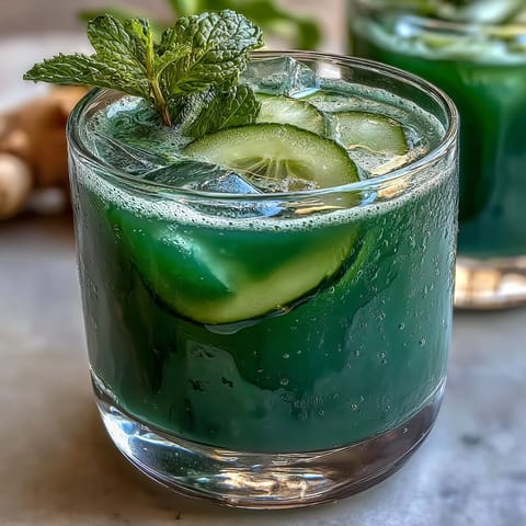 Bright green detox juice with cucumber, apple, and ginger, served over ice with fresh mint garnish.  
